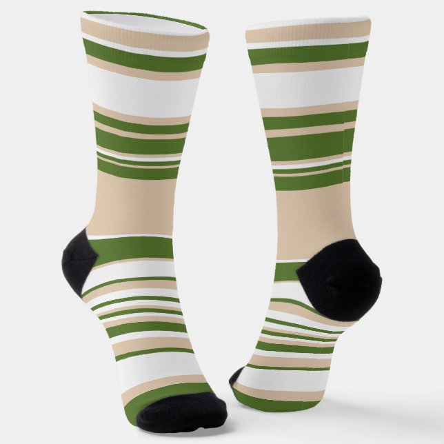 Complex Stripes - White, Sand and Palm Green Socks (Angled)