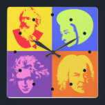 Composer Pop Art Music Clock<br><div class="desc">Hang this ultra cool popart art music clock featuring silhouettes of Brahms,  Mozart,  Beethoven and Bach in an office,  music room,  den or other room in your home.  Great gift idea for a music teacher.</div>