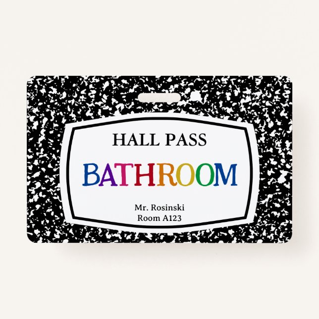 composition book bathroom hall pass for educators ID badge (Back)
