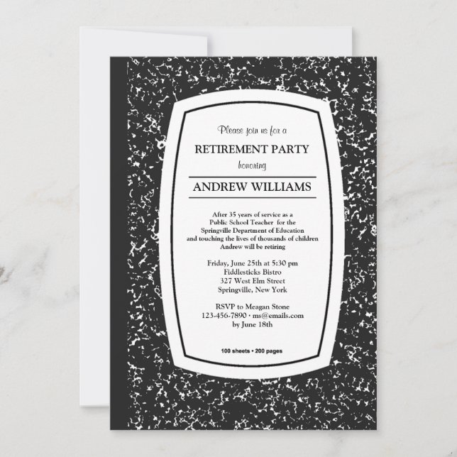 Composition Book Teacher Retirement Party Invites (Front)