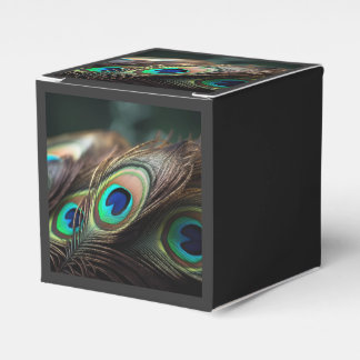 Composition of bright peacock feathers favour box