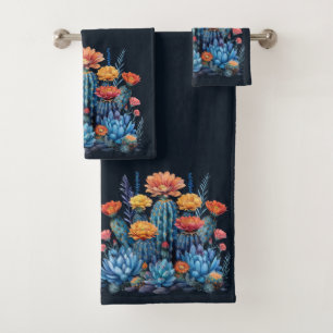 Composition of flowering cacti, succulents bath towel set
