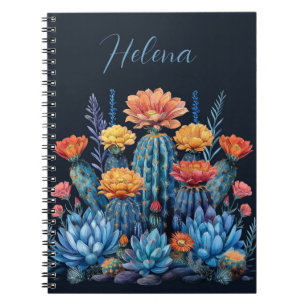 Composition of flowering cacti, succulents notebook