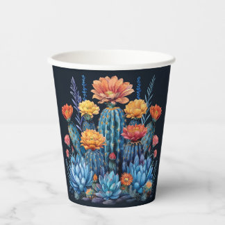 Composition of flowering cacti, succulents paper cups