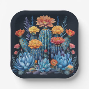 Composition of flowering cacti, succulents paper plate