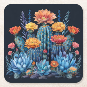 Composition of flowering cacti, succulents square paper coaster