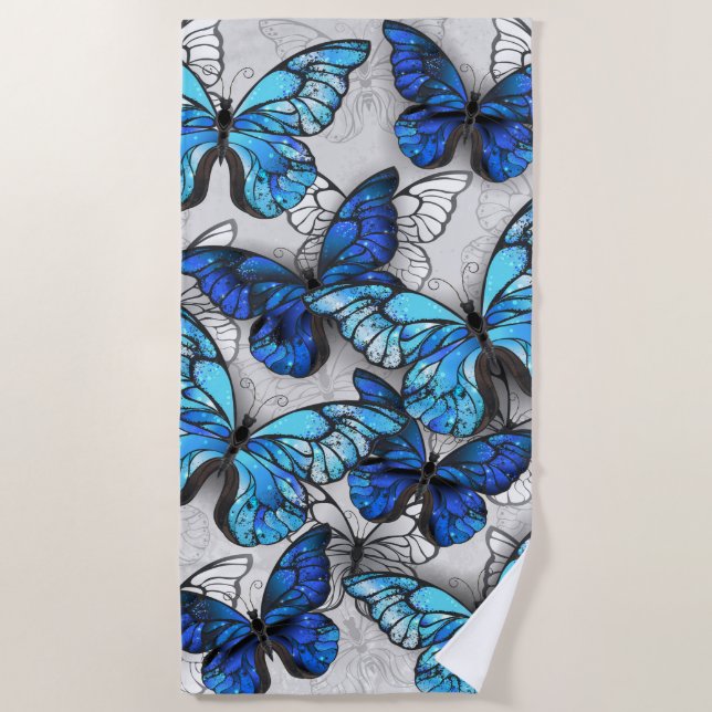 Composition of White and Blue Butterflies Beach Towel (Front)