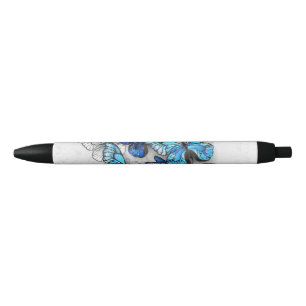 Composition of White and Blue Butterflies Black Ink Pen
