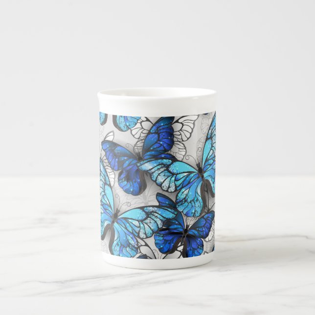 Composition of White and Blue Butterflies Bone China Mug (Front)