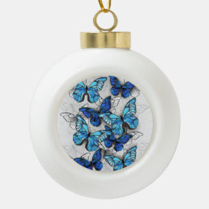 Composition of White and Blue Butterflies Ceramic Ball Christmas Ornament
