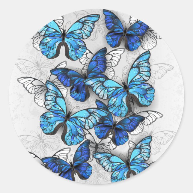 Composition of White and Blue Butterflies Classic Round Sticker (Front)