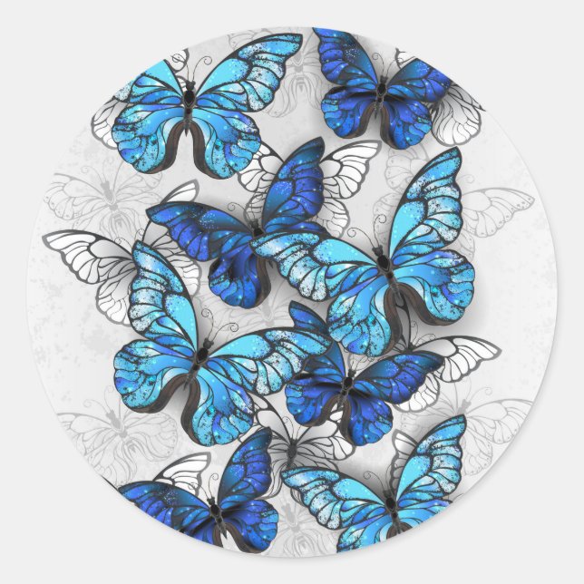 Composition of White and Blue Butterflies Classic Round Sticker (Front)