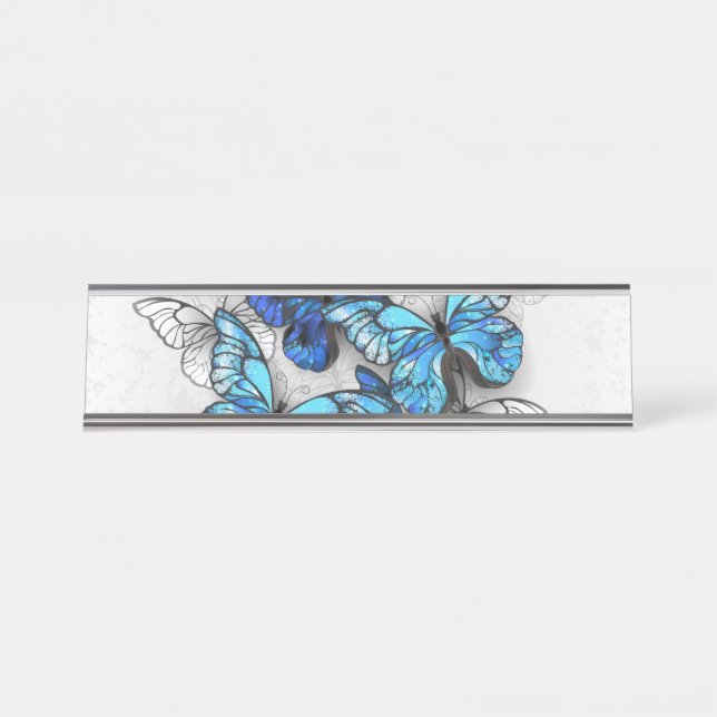 Composition of White and Blue Butterflies Desk Name Plate (Front)