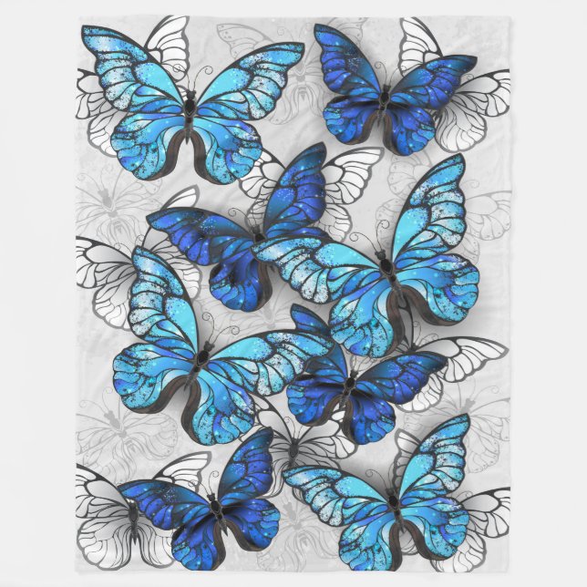 Composition of White and Blue Butterflies Fleece Blanket (Front)