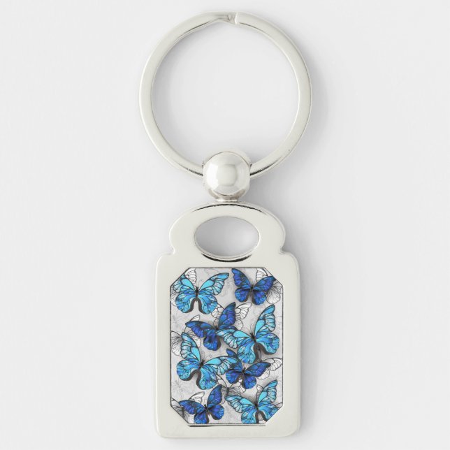 Composition of White and Blue Butterflies Key Ring (Front)