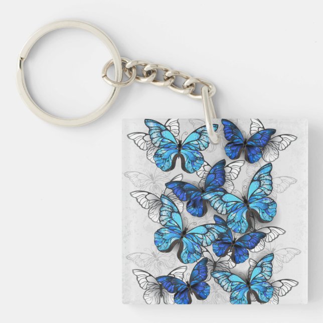 Composition of White and Blue Butterflies Key Ring (Front)