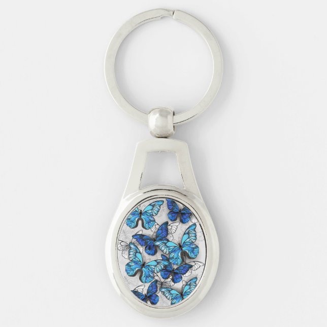 Composition of White and Blue Butterflies Key Ring (Front)
