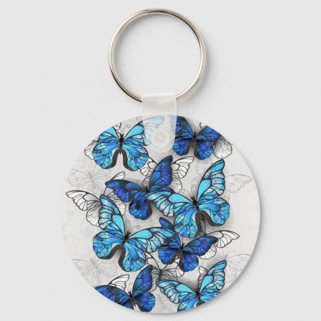 Composition of White and Blue Butterflies Key Ring (Front)
