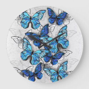 Composition of White and Blue Butterflies Large Clock