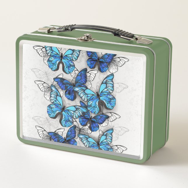 Composition of White and Blue Butterflies Metal Lunch Box (Front)