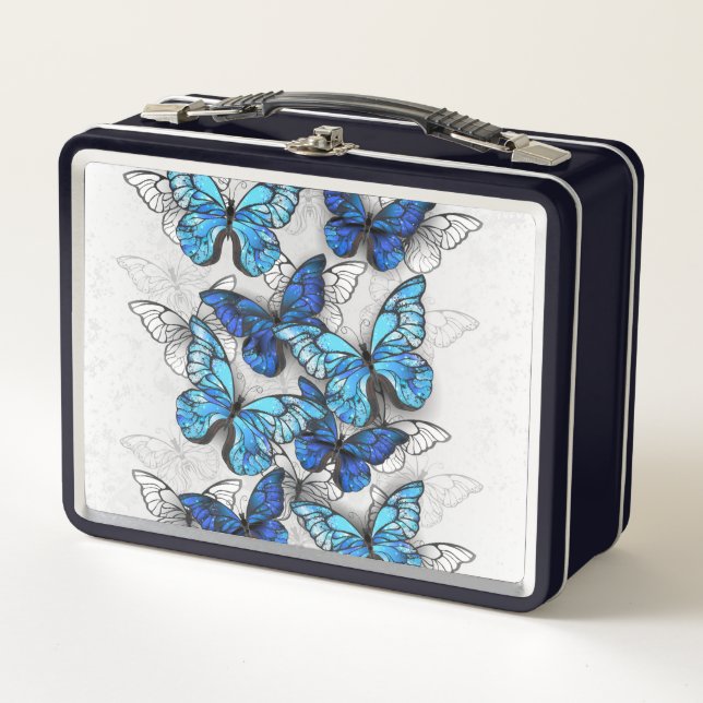 Composition of White and Blue Butterflies Metal Lunch Box (Front)
