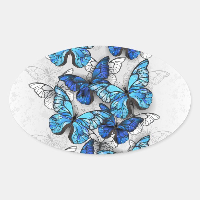 Composition of White and Blue Butterflies Oval Sticker (Front)