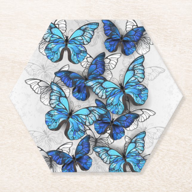 Composition of White and Blue Butterflies Paper Coaster (Front)