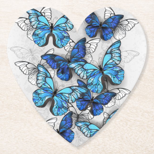 Composition of White and Blue Butterflies Paper Coaster (Front)