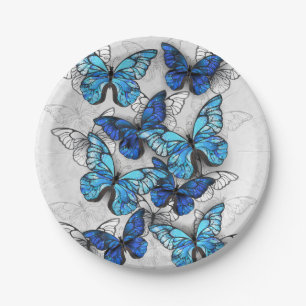 Composition of White and Blue Butterflies Paper Plate