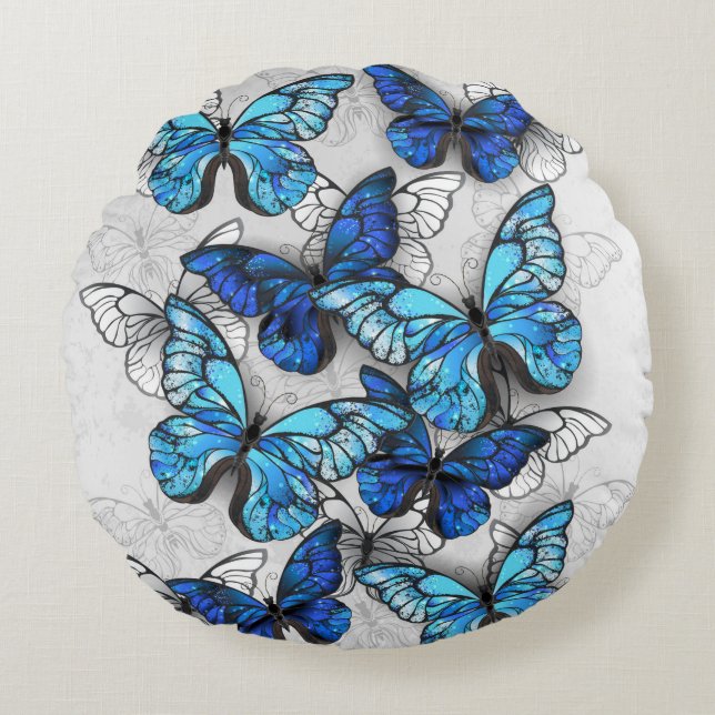 Composition of White and Blue Butterflies Round Cushion (Front)
