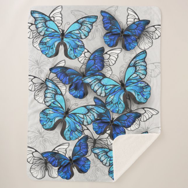 Composition of White and Blue Butterflies Sherpa Blanket (Front)
