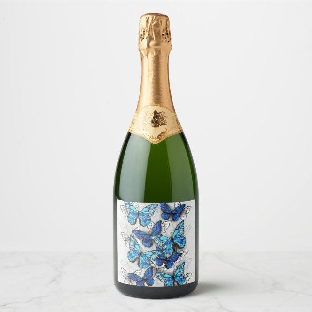 Composition of White and Blue Butterflies Sparkling Wine Label (Front)