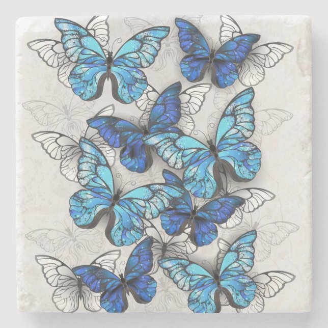 Composition of White and Blue Butterflies Stone Coaster (Front)