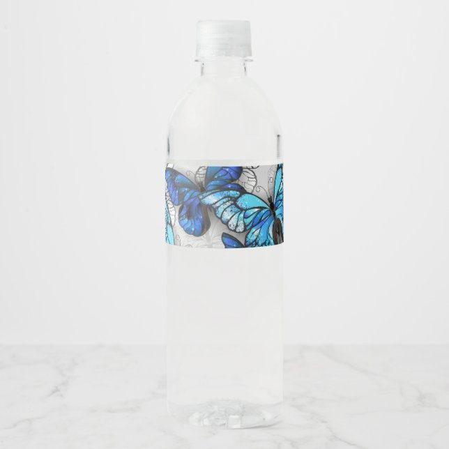 Composition of White and Blue Butterflies Water Bottle Label (Front)