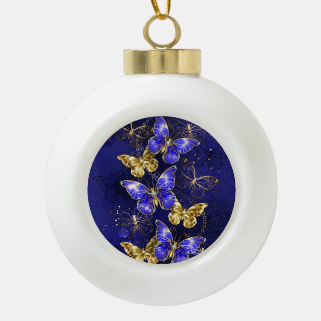Composition with Sapphire Butterflies Ceramic Ball Christmas Ornament (Front)
