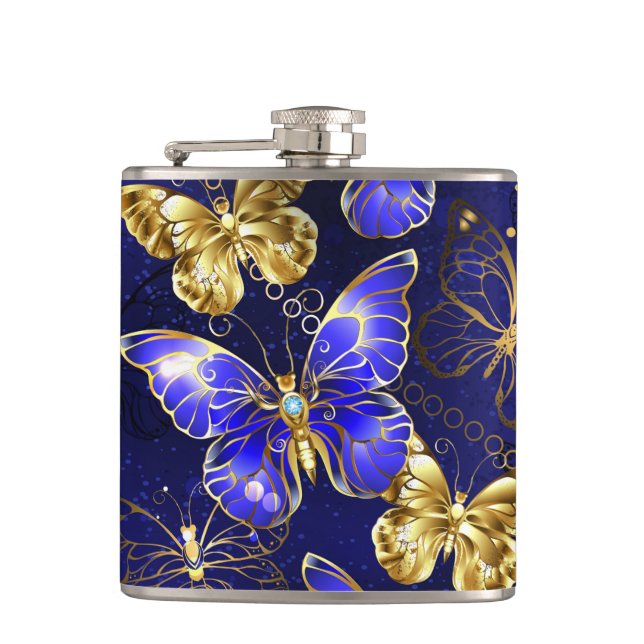 Composition with Sapphire Butterflies Hip Flask (Front)