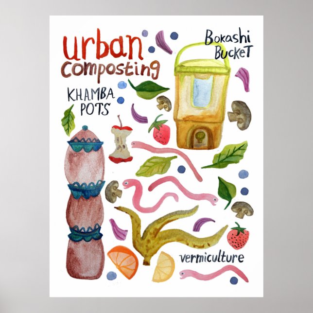 Composting Watercolor Art Handlettered Eco Recycle Poster (Front)