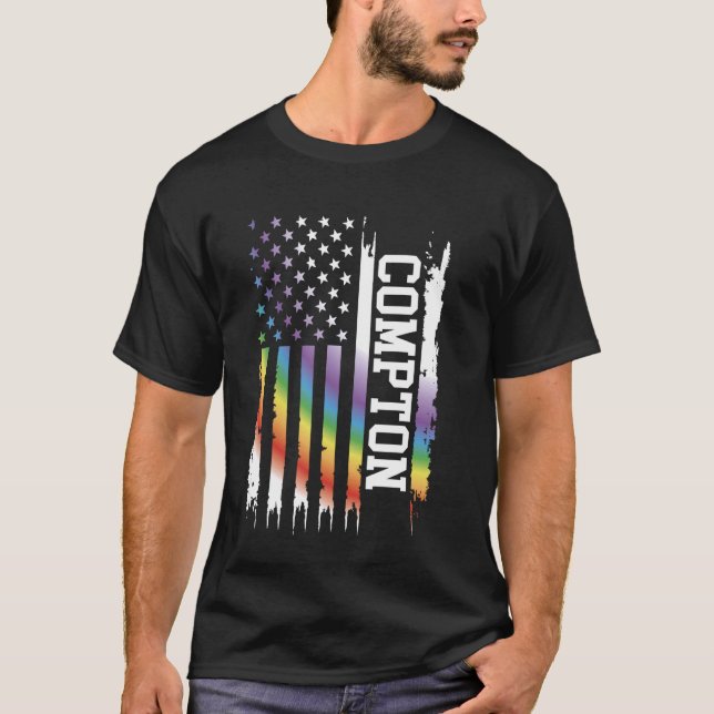 Compton United States Distressed Rainbow w US Flag T-Shirt (Front)