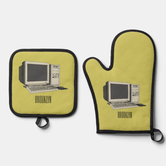 Computer cartoon illustration  oven mitt & pot holder set (Front)
