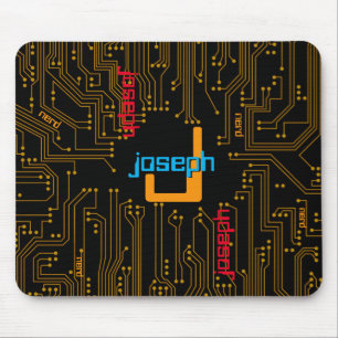 Computer Circuit Board Black Gold Monogram Mouse Mat