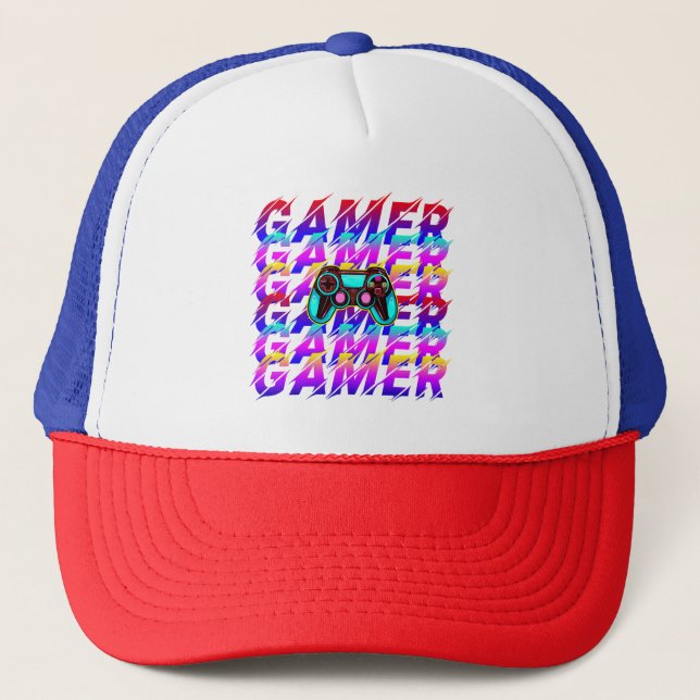 Computer Controller Gamer Typography repeated text Trucker Hat (Front)
