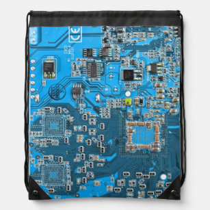 Computer Geek Circuit Board Blue Drawstring Bag