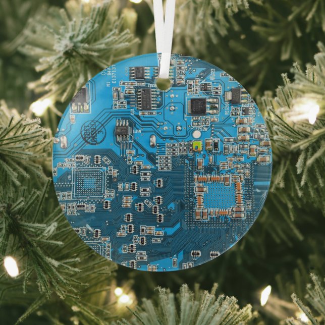 Computer Geek Circuit Board - Blue Glass Tree Decoration (Insitu)