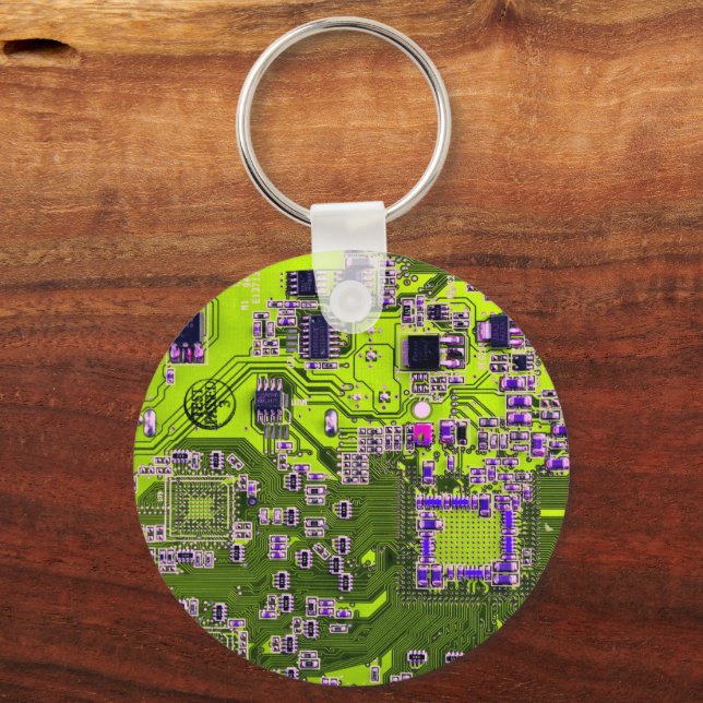 Computer Geek Circuit Board Neon Yellow Key Ring (Front)