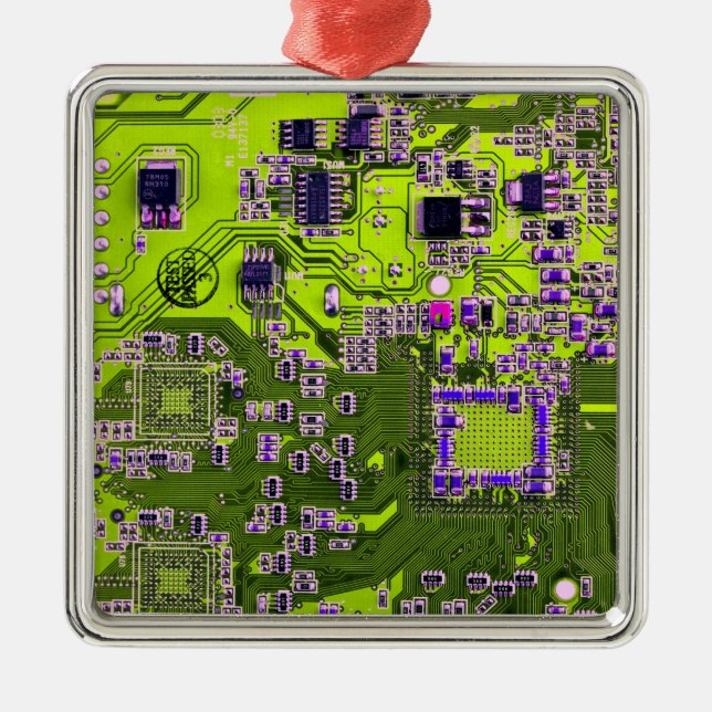 Computer Geek Circuit Board - Neon Yellow Metal Tree Decoration (Front)