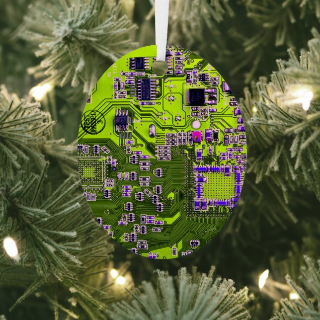 Computer Geek Circuit Board - Neon Yellow Metal Tree Decoration (Insitu)