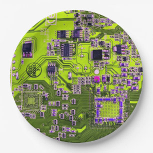 Computer Geek Circuit Board Neon Yellow Paper Plate