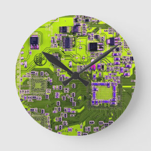 Computer Geek Circuit Board Neon Yellow Round Clock
