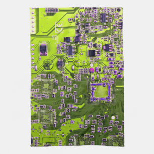Computer Geek Circuit Board Neon Yellow Tea Towel