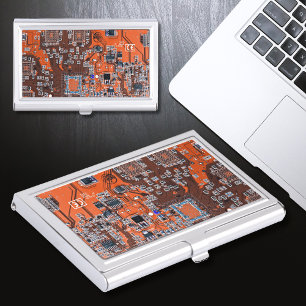 Computer Geek Circuit Board Orange Business Card Holder